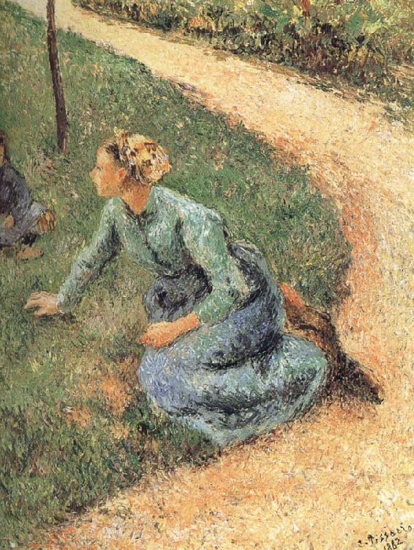 Peasant woman sitting on the side of the road, Camille Pissarro